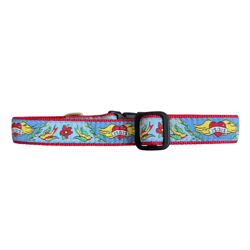 Up Country Dog Collar XL Tattoo Mom Heart Blue Red 1 Inch Wide Adjustable Brass